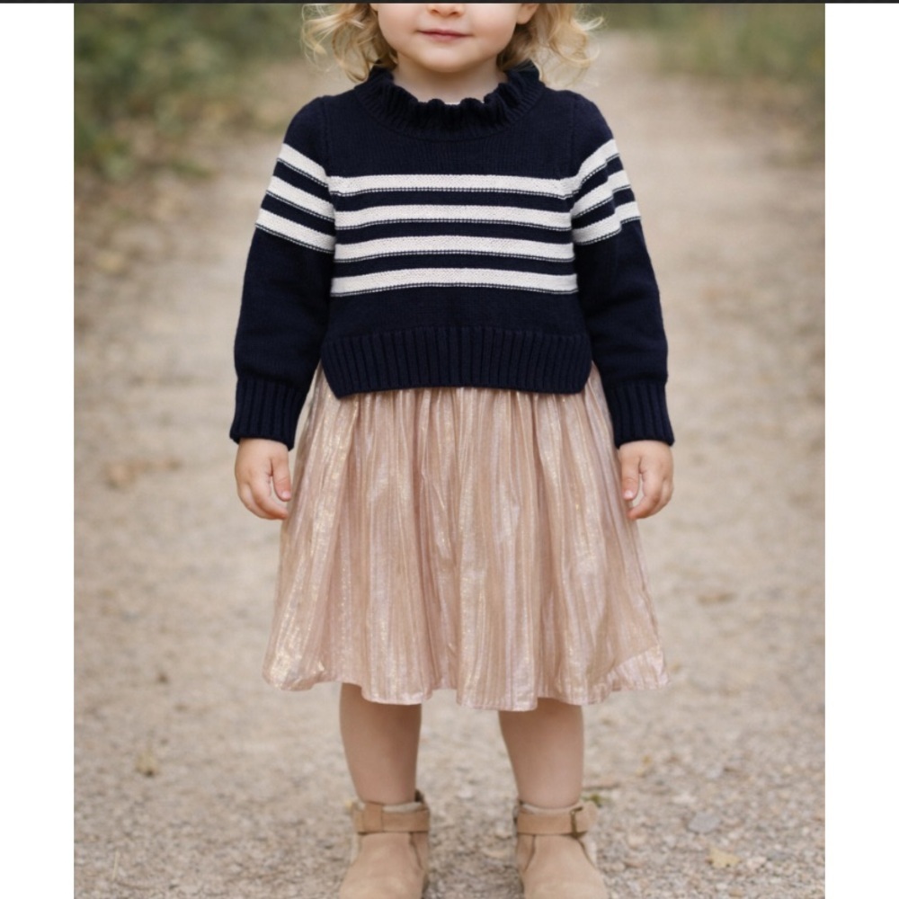 Crewcuts Girls 2T Navy & White Striped Sweater Dress with Shimmery Pleated Skirt